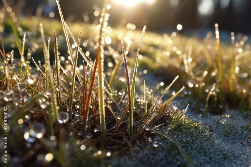 Wall mural dewdrops on frost-covered grass reflecting sunlight, created with generative ai