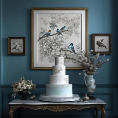 Wedding cake in a garden style wedding decor setting. 