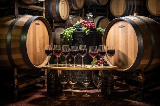 wine glasses surrounding a wine barrel, created with generative ai