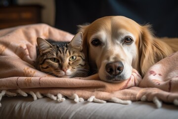 pets snuggling on a warm blanket in the winter, created with generative ai