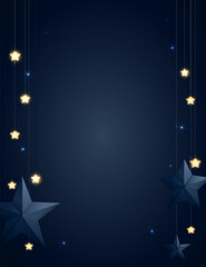 Dark blue Christmas background with gold glitter particles and glowing star shape light bulbs. Vector illustration. - 624890626