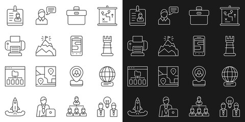 Set line People with lamp bulb, Worldwide, Business strategy, Briefcase, Mountains flag, Printer, Identification badge and Chat messages phone icon. Vector