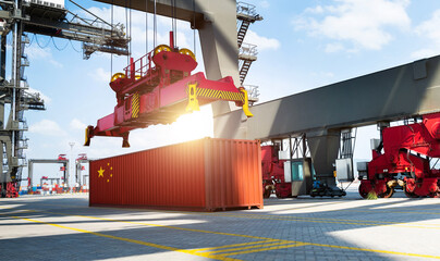 Crane unloading container with china flag in the port - obrazy, fototapety, plakaty