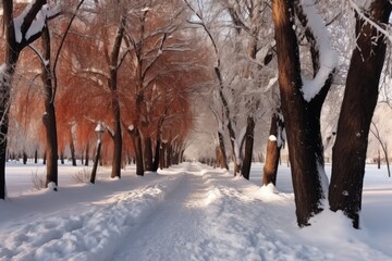 shoveled pathway through a snow-covered park, created with generative ai