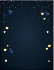 Dark blue Christmas background with gold glitter particles and glowing star shape light bulbs. Vector illustration. - 624891441