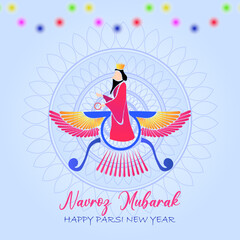 Navroz mubarak. Parsi New Year vector greeting with zoroastrian symbol. Vector greeting, poster, card.