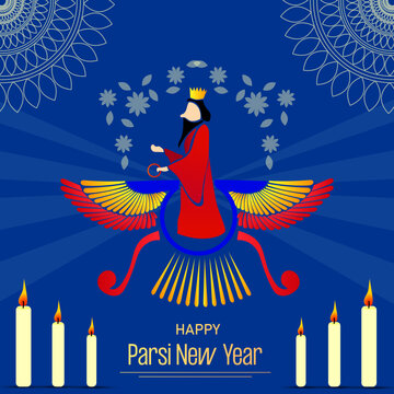 Navroz mubarak. Parsi New Year vector greeting with zoroastrian symbol. Vector greeting, poster, card.