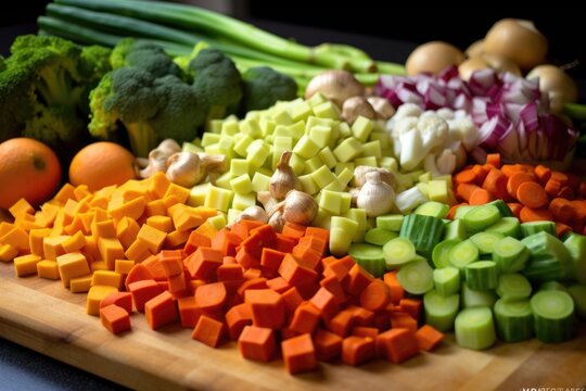 a variety of chopped vegetables ready for stew, created with generative ai