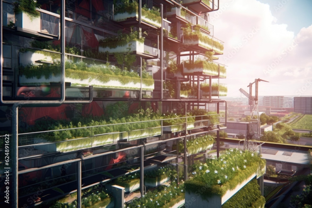 Poster sustainable vertical farm with solar panels on the rooftop, created with generative ai