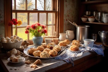 Obraz na płótnie Canvas freshly baked scones and muffins in a country kitchen, created with generative ai