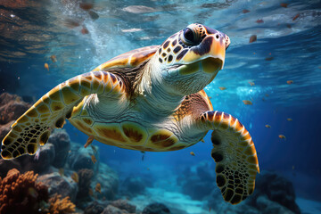 Fototapeta na wymiar Close-up of an adult turtle swimming underwater. Underwater world, portrait of an aquatic turtle in the depths of the blue ocean. Wallpaper tropical animal world.