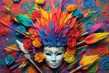 paintbrushes and vibrant colors for mask decoration, created with generative ai