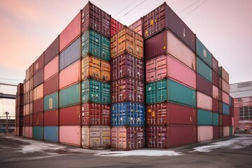 stack of shipping containers at a warehouse facility, created with generative ai