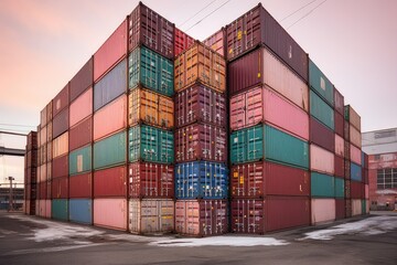Fototapeta premium stack of shipping containers at a warehouse facility, created with generative ai
