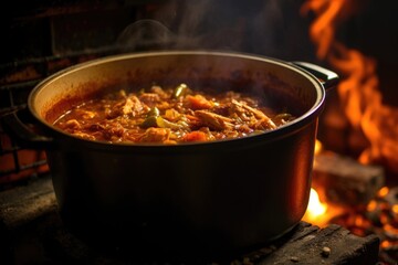 glowing embers beneath a pot of simmering jambalaya, created with generative ai