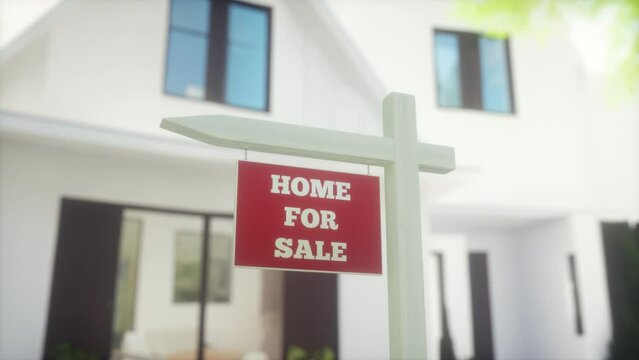 Cinematic view of a for sale sign in front of modern home