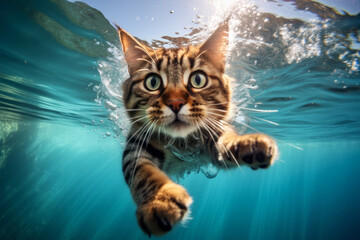 Photo of a swimming cat in water