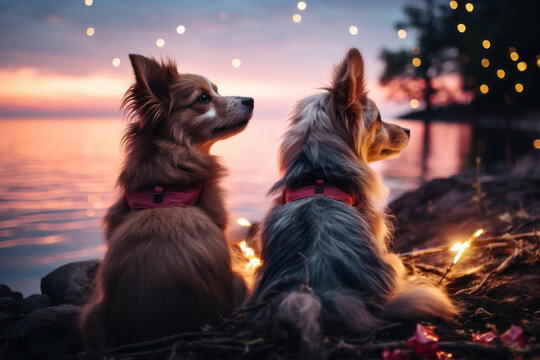 Photo of two dogs enjoying the view of the ocean from a sandy beach