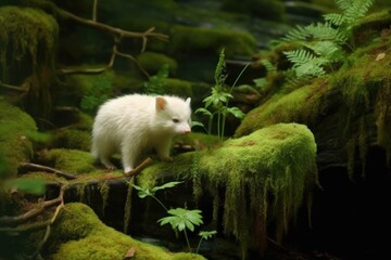 albino raccoon exploring a lush green woodland, created with generative ai