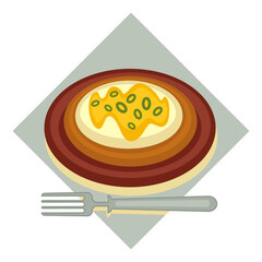 Omelet with green onion circles, fried egg served