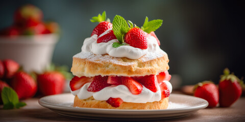 Delicious strawberry cake with fresh berries and cream. Generative AI.	