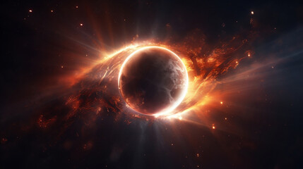 Abstract planet eclipse in space. Alien worlds with glowing lens flares. Sun and moon solar flares, Generative Ai