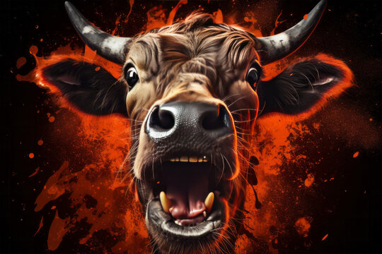 Photo of a fierce bull roaring with its mouth wide open