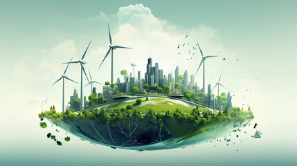Abstract windmill farm. Clean energy environmentalism. Green renewable energy against city background, Generative Ai