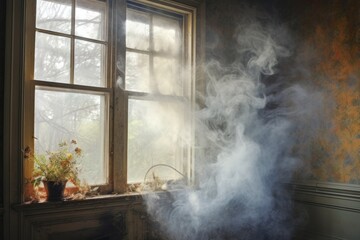 smoke escaping from a slightly open window, created with generative ai
