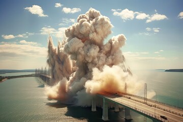 Kerch Strait bridge inferno, the aftermath of a logistics sabotage in Ukraine-Russia war. A ruined cityscape becomes the grim backdrop of the tragedy. AI-generated