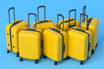 Colorful suitcase on blue background. 3D render of summer vacation concept
