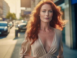 Obraz na płótnie Canvas Schöne Frau mit roten Haaren und hellem Make-up beim shoppen in der Stadt, Generative AI