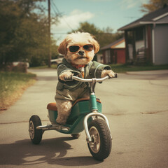 Dog riding a tricycle while wearing sunglasses