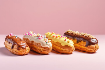Delicious eclairs with custard on flat background with copy space. Pastry shop banner template. French eclairs in chocolate coating and sprinkles.