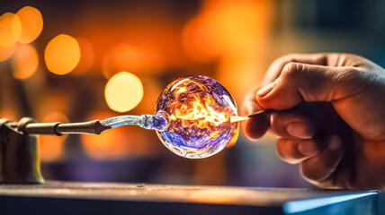 Process of creating glass products. A glass crafter is burning and blowing an art piece. Glass blowing process. 