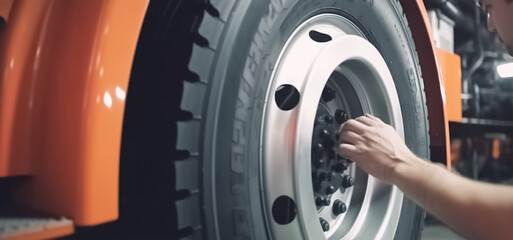 Auto mechanic is checking the truck's safety Maintenance. Inspection truck safety of semi truck wheels tires.