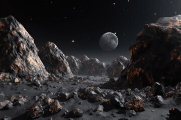 distant view of asteroids uneven terrain against black space, created with generative ai