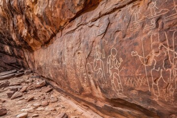 close-up of ancient petroglyphs on red canyon wall, created with generative ai