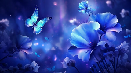 Obraz na płótnie Canvas Dreamy iridescent blue flowers. Bioluminescent garden and butterflies. Abstract floral background wallpaper, Generative Ai