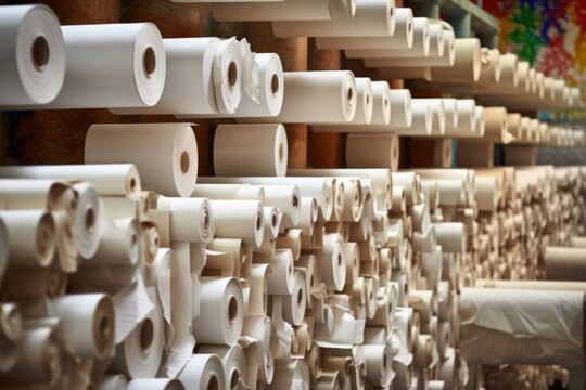 close-up of paper rolls in a production line, created with generative ai
