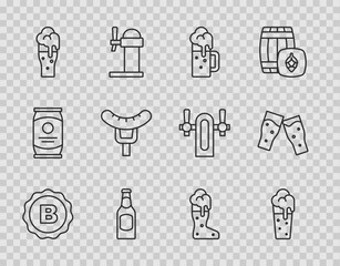Set line Bottle cap with beer, Glass of, Wooden mug, Beer bottle, Sausage on the fork, Boot glass and icon. Vector