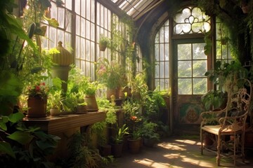 sunlit victorian greenhouse with lush green plants, created with generative ai