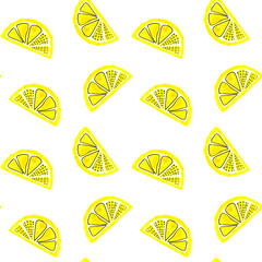 Watercolor pattern with yellow lemons on white background. Modern floral exotic print. Abstract tropical background. Lemon citrus texture illustration