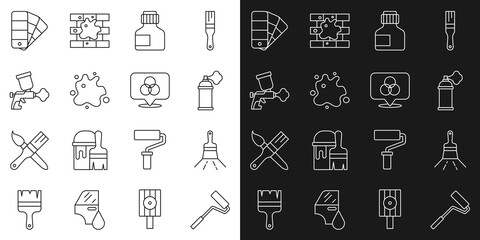 Set line Paint roller brush, spray can, Paint, gouache, jar, dye, gun, Color palette guide and RGB and CMYK color mixing icon. Vector