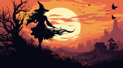 Fototapeta premium A witch in a village on a Halloween night.