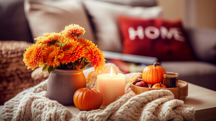 Autumn still life with pumpkins, candles and knitted plaid. selective focus.  - obrazy, fototapety, plakaty