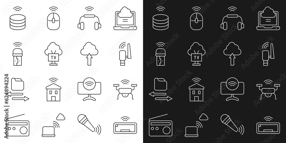 Poster set line computer keyboard, smart drone system, usb wireless adapter, headphones, tv, data server an