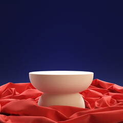 White abstract podium for product demonstration. Empty pedestal with red cloth on background
