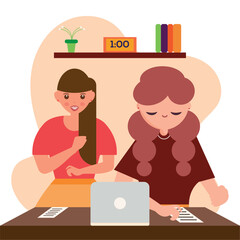 Business environment concept with pair of girls working on a laptop Vector