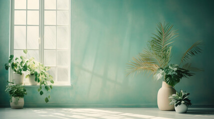 Peaceful interior background with soft teal walls and potted plant. Sun rays streaming through windows. Wallpaper, Generative Ai